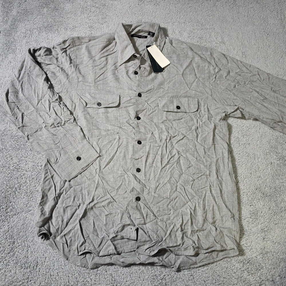 Kenneth Cole Mens Large Button Up Shirt Grey Rayon Long Sleeve Utility Pocket
